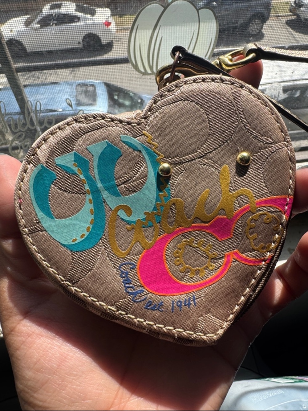 Coach Heart Coin Purse in Beige with Turquoise, Pink & Gold Accents